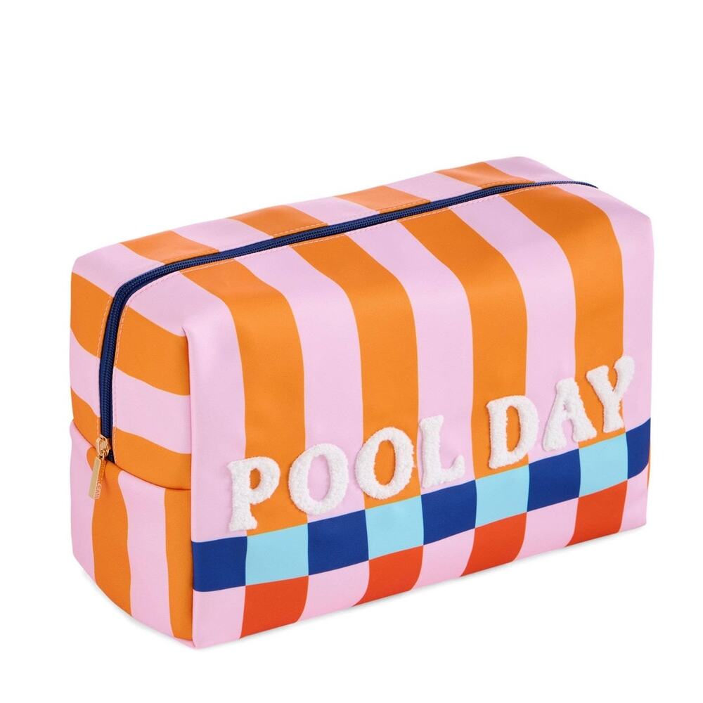 Pool Day Oversized Zip Pouch | Pink & Orange Stripe | Terry Lettering